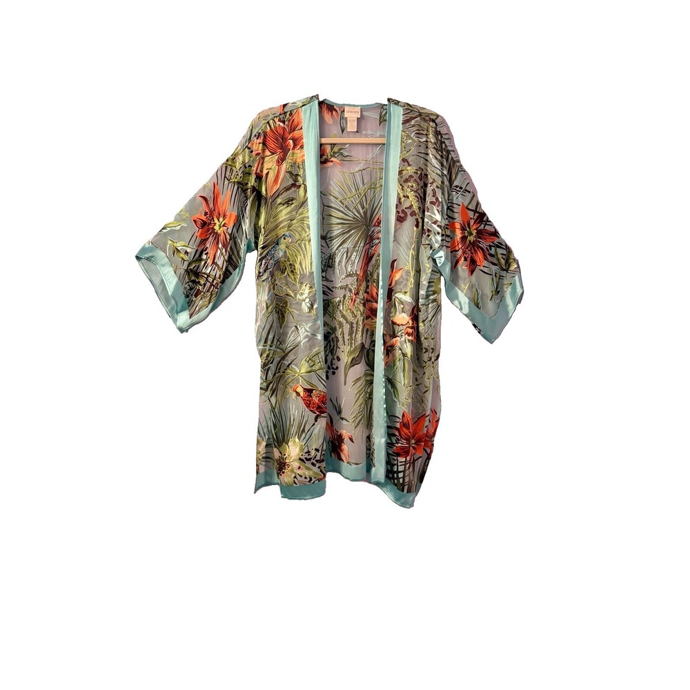 Chico's Silk Blend Kimono Jacket Size M Velvet Devoré Bird Parrot Sheer Paradise